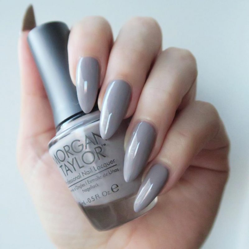 Morgan Taylor 'Rule The Runway' - grey almond shaped nails.